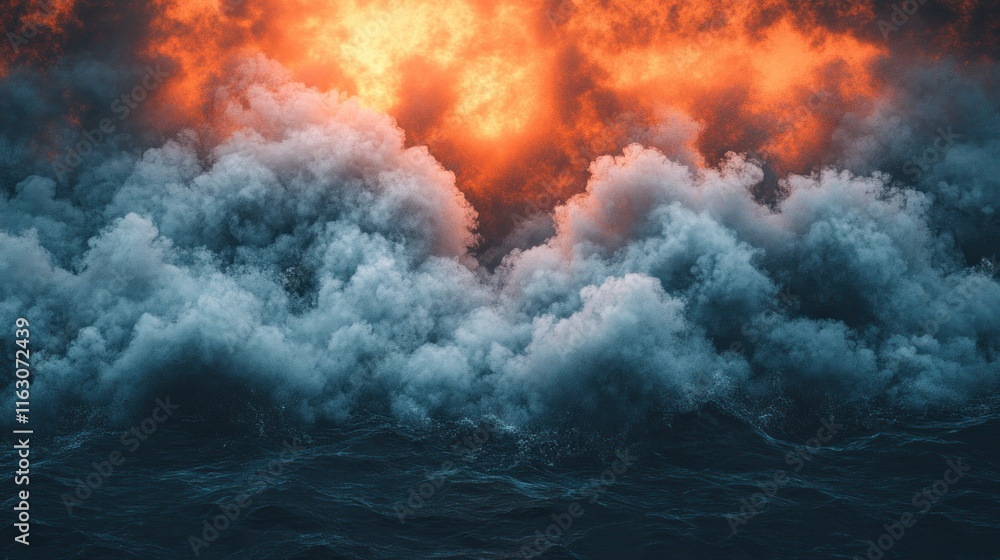 Fiery orange sunset over stormy ocean waves and dark clouds. Fiery orange sunset over stormy ocean waves and dark clouds.