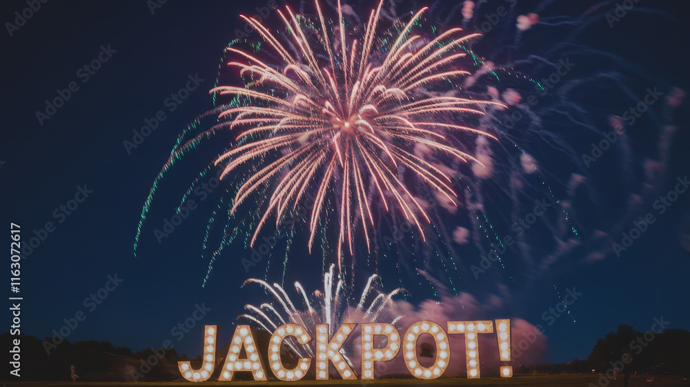 A stunning display of fireworks explodes above a large, illuminated 'JACKPOT!' sign, celebrating a festive occasion under a night sky. A stunning display of fireworks explodes above a large, illuminated 'JACKPOT!' sign, celebrating a festive occasion under a night sky.