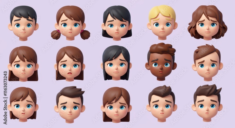 Collection of diverse cartoon faces with expressions of sadness Collection of diverse cartoon faces with expressions of sadness