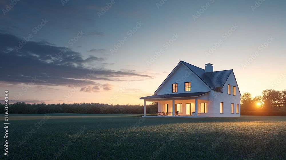 Modern house at sunset in a field. Modern house at sunset in a field.