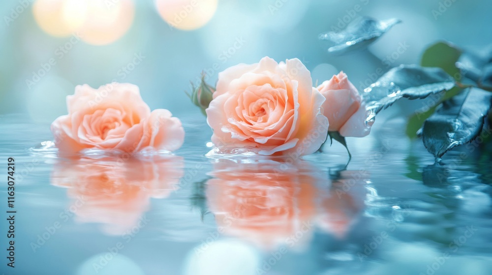 Fototapeta premium Peach Roses Floating Gently On Calm Water