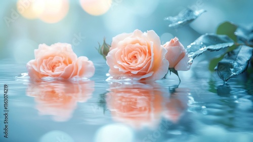 Peach Roses Floating Gently On Calm Water