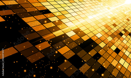 digital networking technology abstract yellow gold background, perspective grid sparkle and science space. square pattern dimension. shiny soft light.
