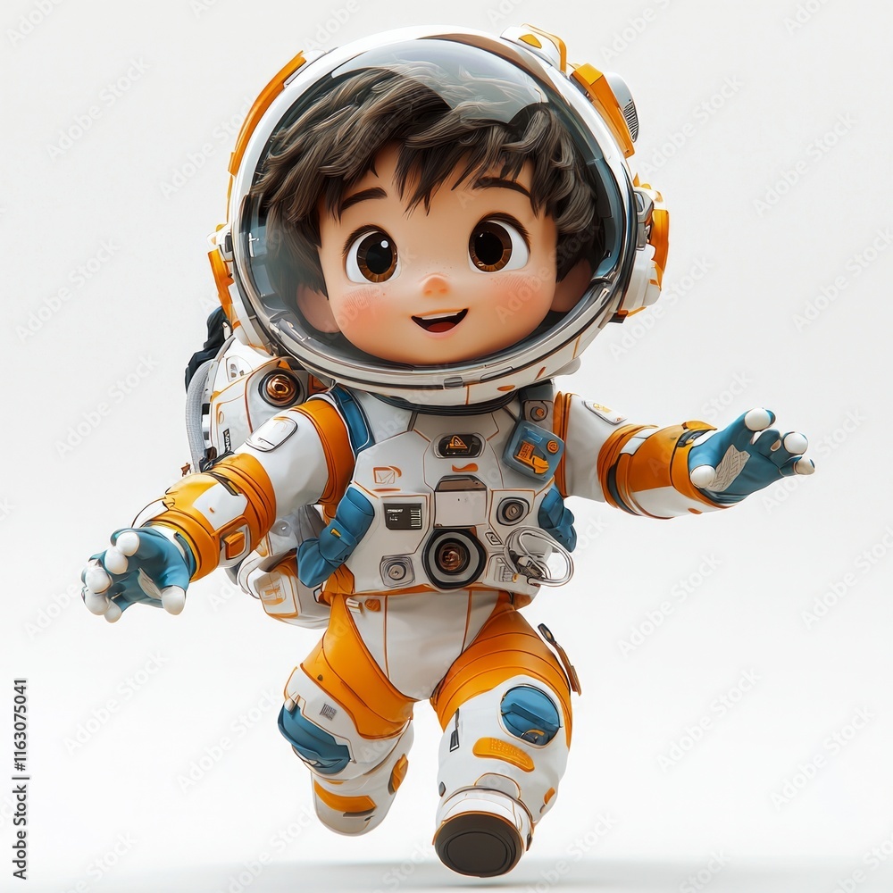 Adorable cartoon astronaut child in space suit with helmet