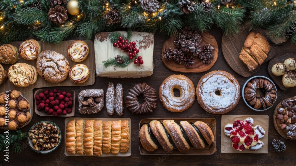 Festive Christmas Baked Goods Arranged On A Wooden Table Festive Christmas Baked Goods Arranged On A Wooden Table