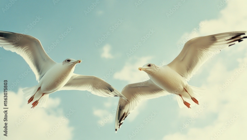 Two Seagulls in Flight: A Serene Sky Scene Two Seagulls in Flight: A Serene Sky Scene