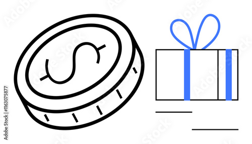 Coin with dollar sign beside a wrapped gift box tied with a ribbon bow. Ideal for finance, rewards, incentives, gifts, savings, bonuses, shopping. Line metaphor