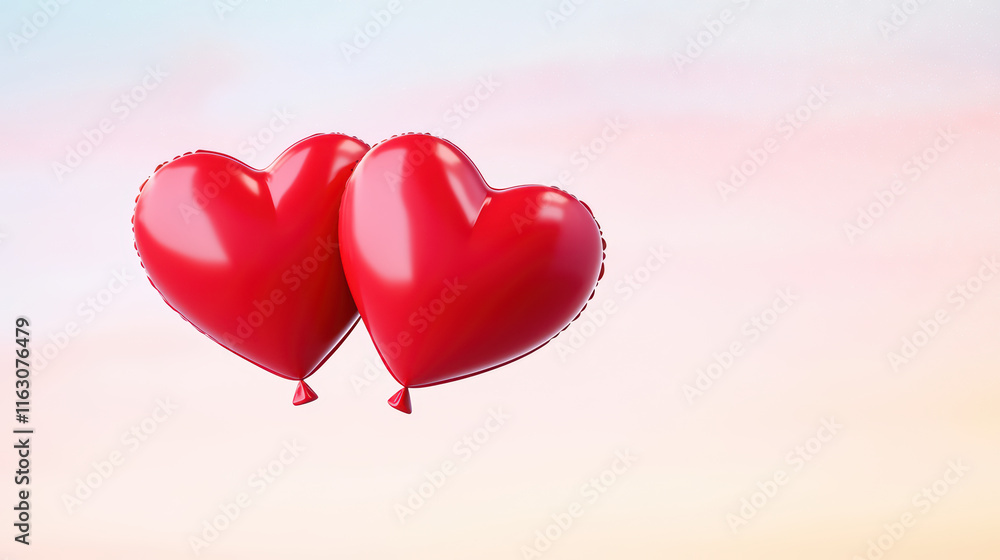 Two intertwined red heart balloons float against soft pastel background, symbolizing love and connection Two intertwined red heart balloons float against soft pastel background, symbolizing love and connection