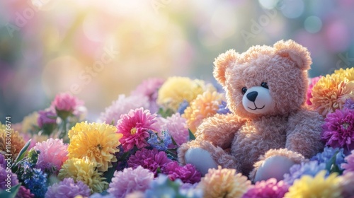 Teddy Bear Amidst A Colorful Bouquet Of Flowers