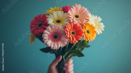 A hand holds a bouquet of colorful gerbera daisies