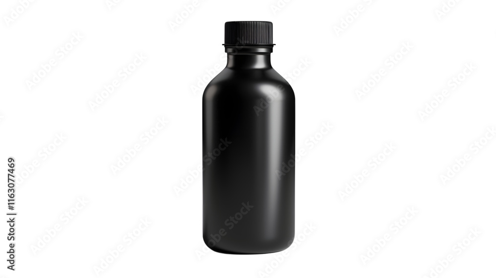 Matte black glass bottle featuring a sleek design, perfect for luxury branding and storage of liquids such as oil or beverages. Isolated on white background, png. Matte black glass bottle featuring a sleek design, perfect for luxury branding and storage of liquids such as oil or beverages. Isolated on white background, png.