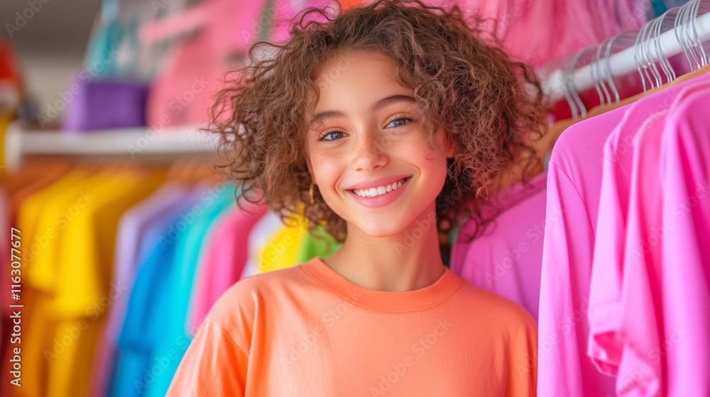 Young girl smiles brightly in a colorful clothing store Young girl smiles brightly in a colorful clothing store