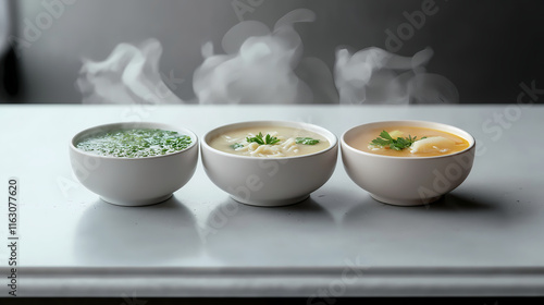Steaming Bowls of Soup on Marble Surface