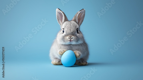 Adorable Bunny with Blue Egg on Pastel Background