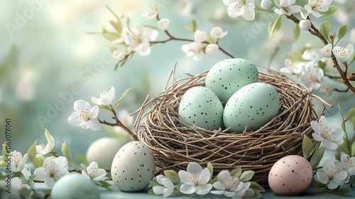 Blossoming Tree Branch with Nest and Easter Eggs