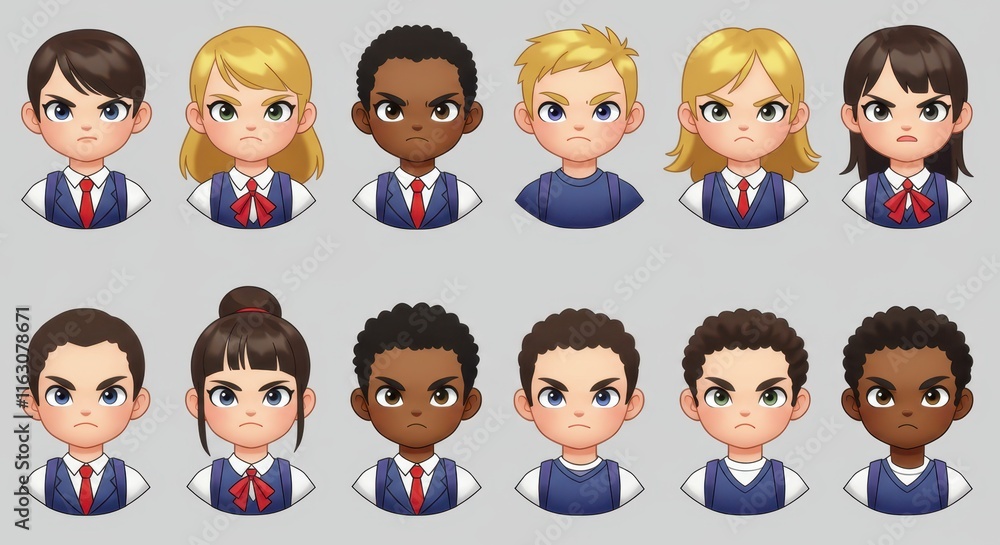 Diverse anime-style school children with angry expressions Diverse anime-style school children with angry expressions