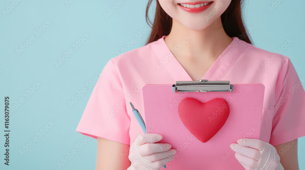smiling nurse in pink scrubs holds clipboard with heart symbol, conveying care and compassion smiling nurse in pink scrubs holds clipboard with heart symbol, conveying care and compassion