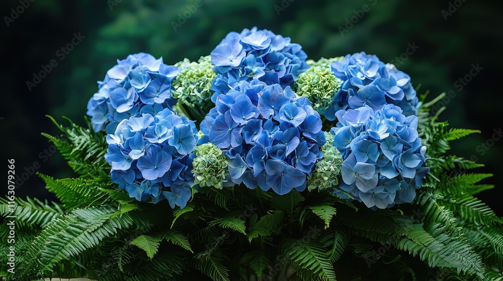 Stunning Blue Hydrangea Bouquet with Lush Greenery on a Dark Background Capturing Nature's Elegance and Beauty Stunning Blue Hydrangea Bouquet with Lush Greenery on a Dark Background Capturing Nature's Elegance and Beauty