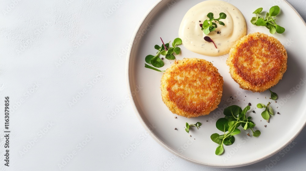 Elegant Alaskan Crab cakes with a golden crust, served on a minimalist white plate with aioli sauce and microgreens Elegant Alaskan Crab cakes with a golden crust, served on a minimalist white plate with aioli sauce and microgreens