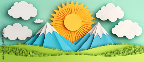 Bright sun over blue mountains and green grass with white clouds