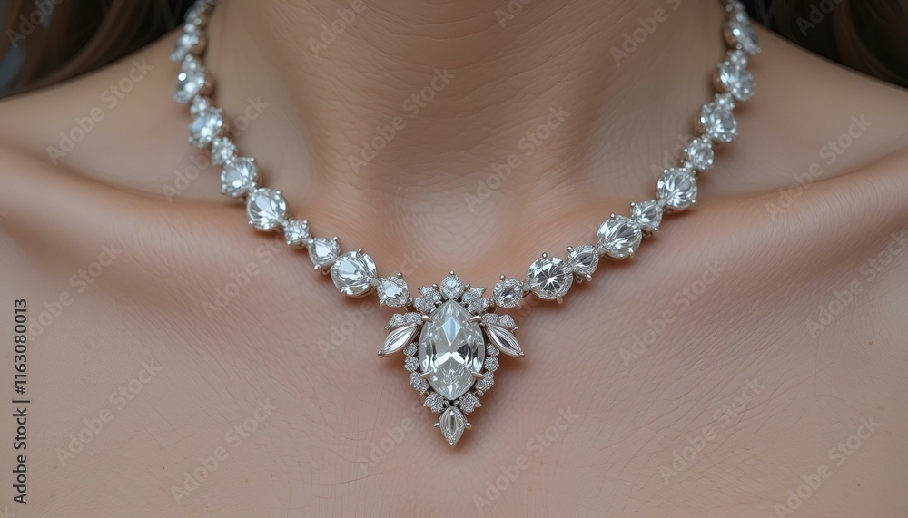 Elegant diamond necklace showcased on a model's neck, highlighting its intricate design and sparkling gems