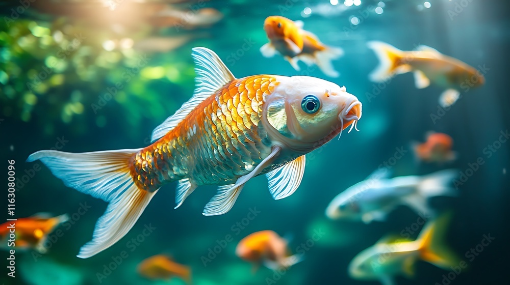 Fototapeta premium Colorful Koi fish swimming in aquarium.