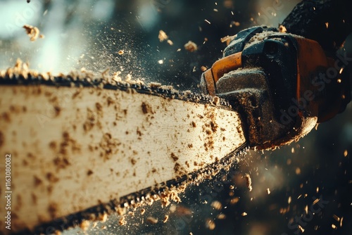 Dynamic close up of chainsaw in action, woodcutter sawing with sawdust flying around photo