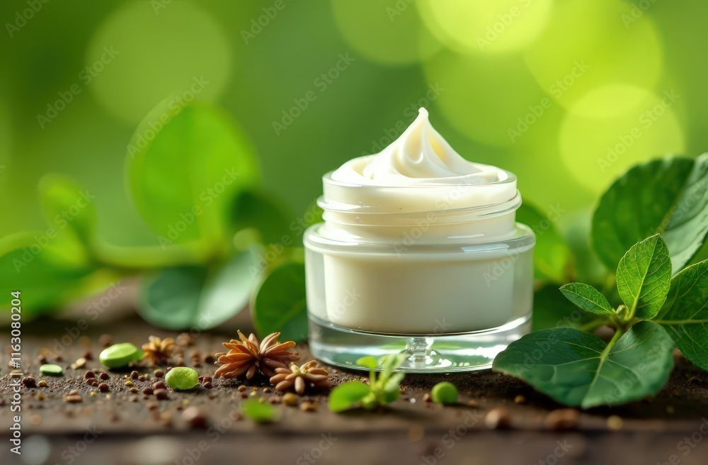 Jar of cosmetic moisturizer cream on nature background. Organic natural ingredients beauty product among green plants. Skin care, beauty and spa product presentation Jar of cosmetic moisturizer cream on nature background. Organic natural ingredients beauty product among green plants. Skin care, beauty and spa product presentation