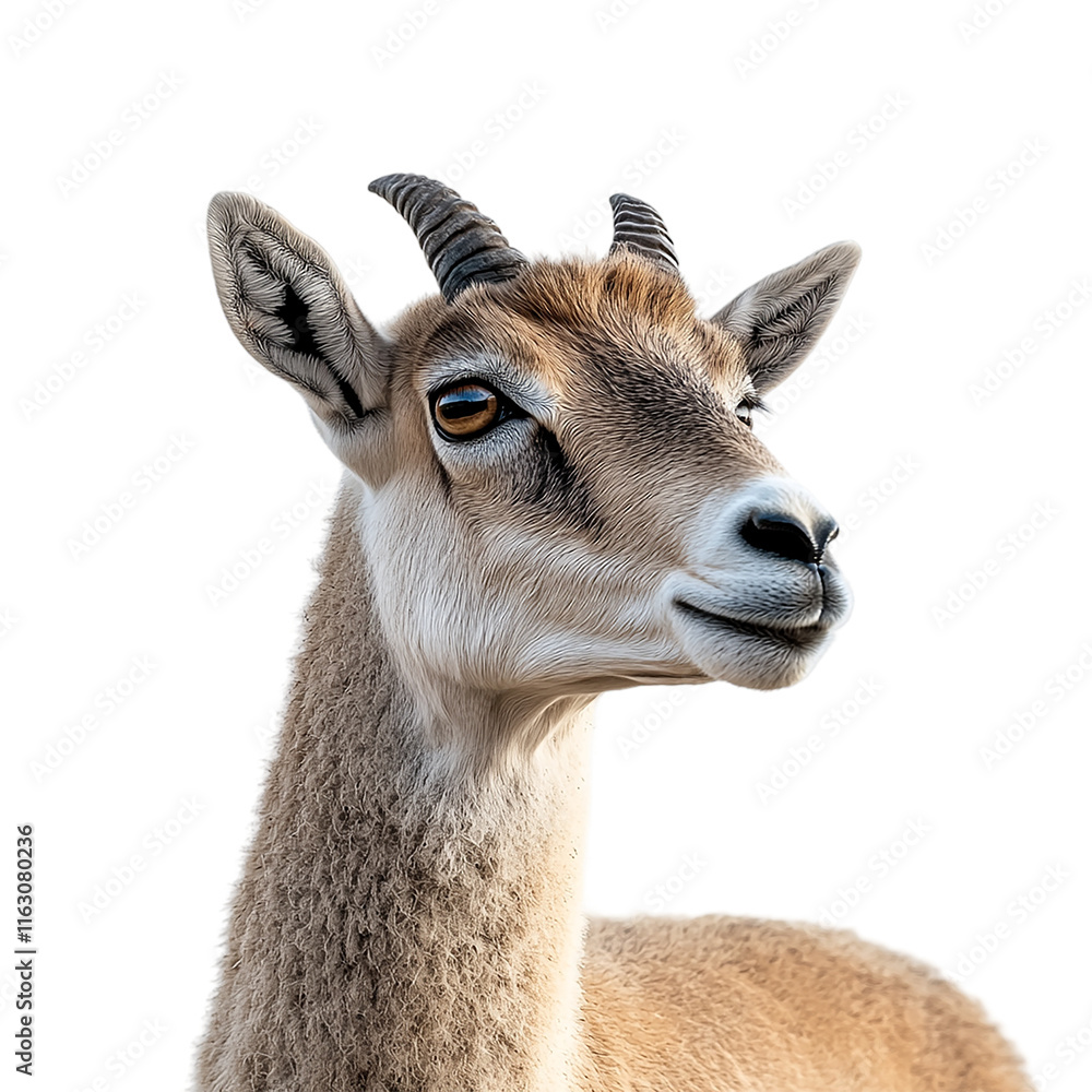 Goat with horns is staring at the camera.