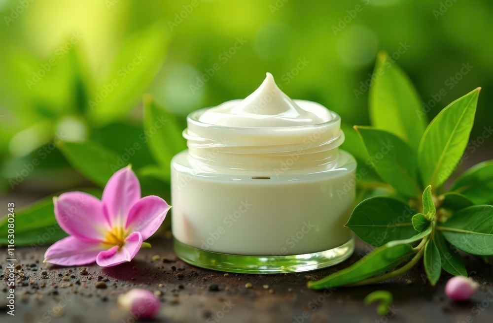Jar of cosmetic moisturizer cream on nature background. Organic natural ingredients beauty product among green plants. Skin care, beauty and spa product presentation Jar of cosmetic moisturizer cream on nature background. Organic natural ingredients beauty product among green plants. Skin care, beauty and spa product presentation