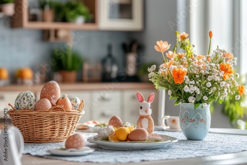 Cheerful easter kitchen and table decor featuring festive decorations for a joyful celebration