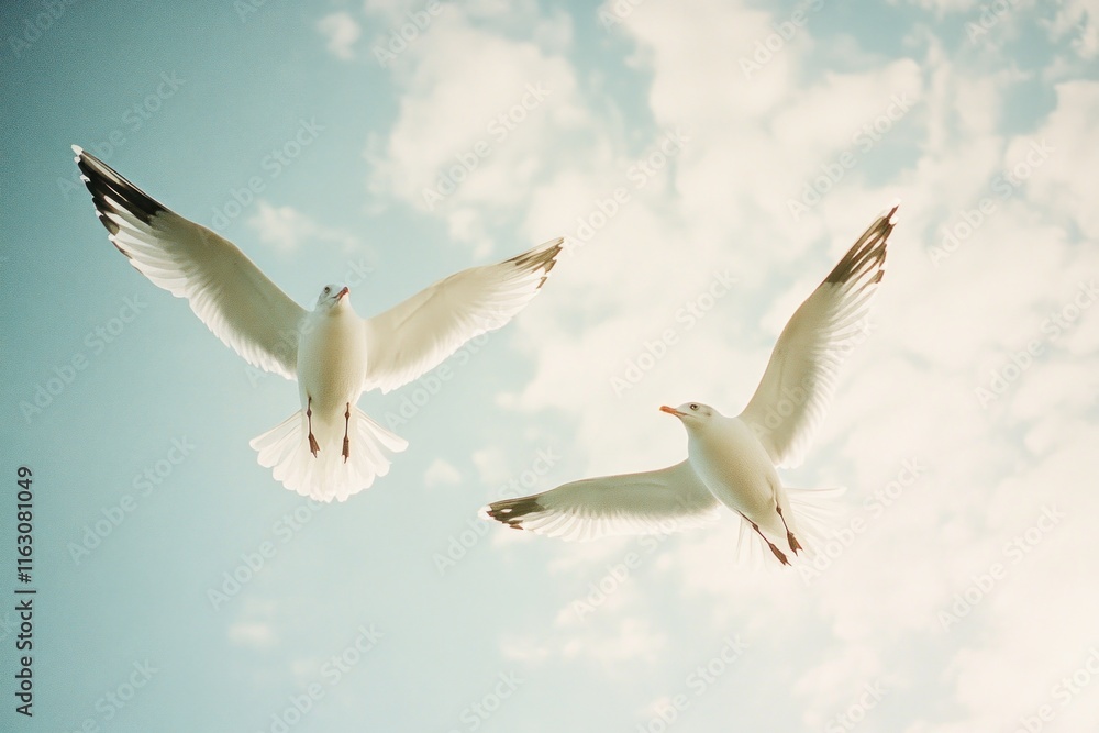 Fototapeta premium Two Seagulls in Flight, Soaring Through the Clouds