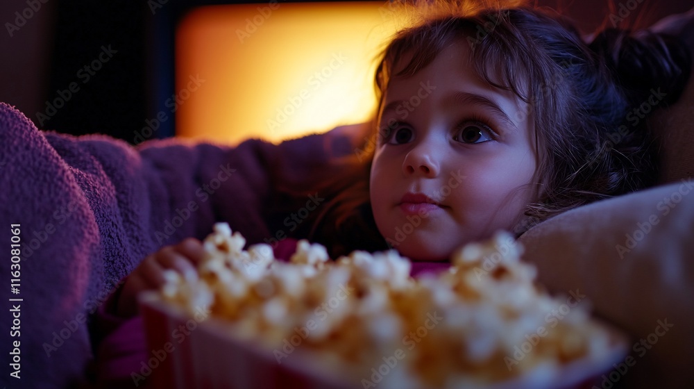 A child enjoys popcorn while watching a movie at home. A child enjoys popcorn while watching a movie at home.