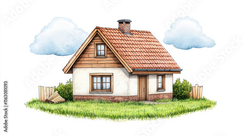 Wallpaper Mural charming rustic house with sloped roof, surrounded by greenery and clouds, evokes sense of tranquility and warmth Torontodigital.ca