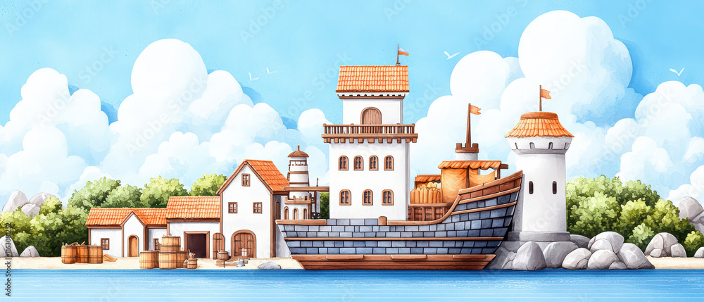 Naklejka premium colorful harbor scene featuring large ship, buildings, and lighthouse, surrounded by trees and rocks, evokes sense of adventure
