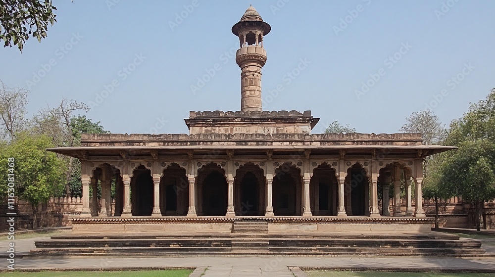 Fototapeta premium Ancient sandstone mosque with a tall minaret under a clear sky.