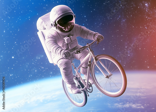 Astronaut riding a bicycle in outer space above Earth photo