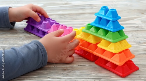 Close up of child s hands constructing a tower with colorful building blocks in preschool setting photo