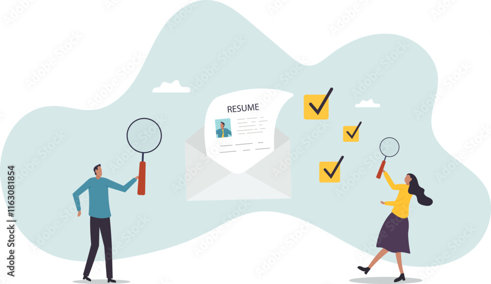 Review candidate resume, talent validation or scan to choose applicant on vacancy, employment or recruitment, HR human resources.business concept.flat character. Review candidate resume, talent validation or scan to choose applicant on vacancy, employment or recruitment, HR human resources.business concept.flat character.