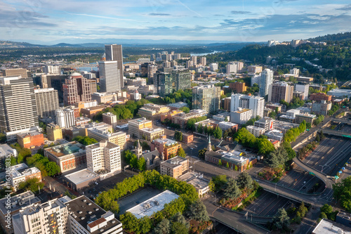 Various day and sunset drone scene of Portland Oregon, Willamette river and downtown, Aerial drone footage