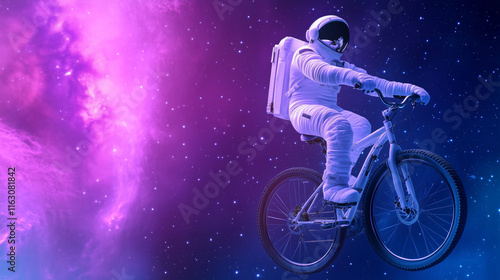 Fototapeta Naklejka Na Ścianę i Meble -  Astronaut riding a bicycle in colorful outer space