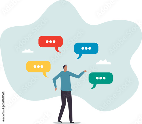 Verbal or oral communication skill, storytelling or explanation, public speaking, talking or discussion, telling message or speech.business concept.flat character.