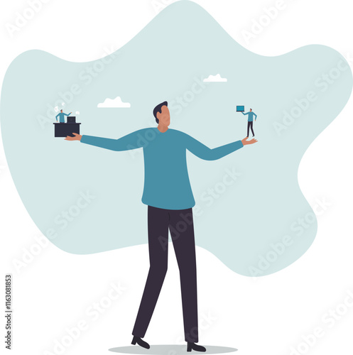 Side job or side hustle to make money, decision or balance between gig economy and main office work, freelancer or salary man routine.business concept.flat character.
