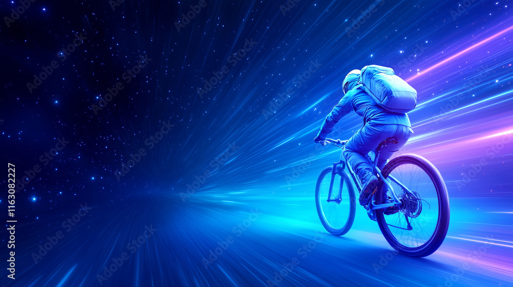 Fototapeta premium Cyclist riding through a vibrant galaxy landscape at night