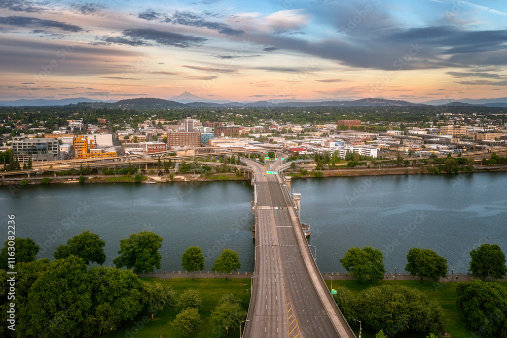 Various day and sunset drone scene of Portland Oregon, Willamette river and downtown, Aerial drone footage Various day and sunset drone scene of Portland Oregon, Willamette river and downtown, Aerial drone footage