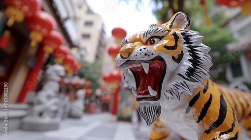 A decorative ceramic tiger sculpture in a vibrant street setting. photo