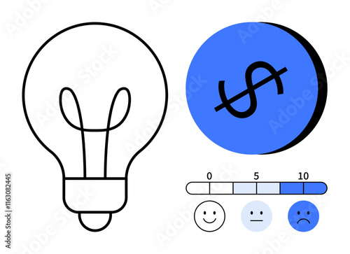 Light bulb represents ideas dollar sign in a blue circle symbolizes finance emoticon scale shows satisfaction levels from happy to sad. Ideal for innovation, finance, emotional response