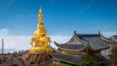  The temple and Buddha  at the Golden summit of Mount Emei above the clouds ,  Sichuan, China.