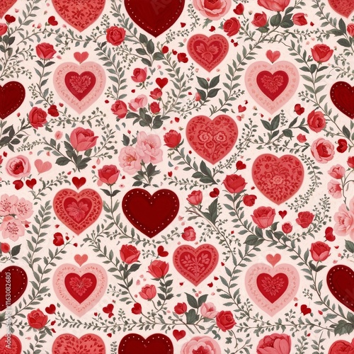 Romantic floral pattern with red hearts and roses on a light background, copy space