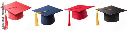 Graduation cap and hat moment, A collection of four graduation caps in various colors, each topped with a tassel, representing academic achievement and celebration.
